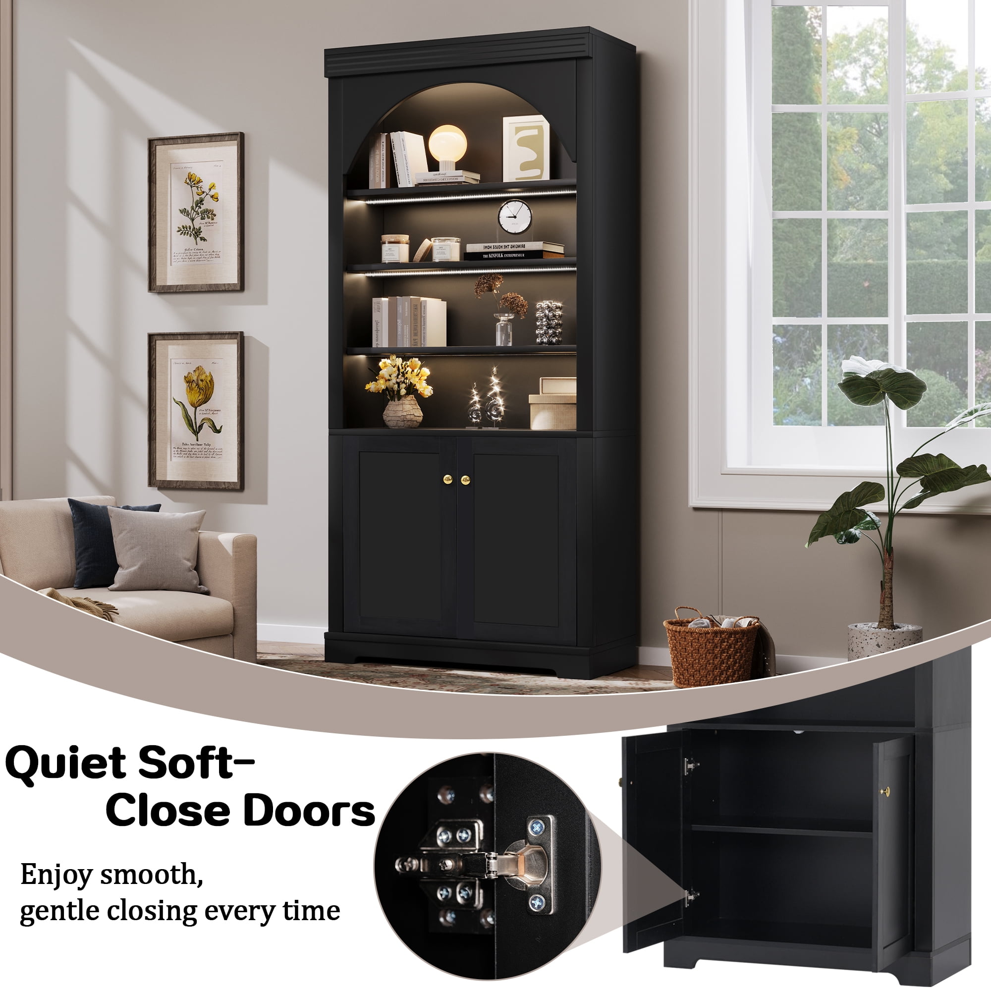 71" Tall Bookshelf Suite with 4-layer LED Lightings, 2 Piece Bookcase with Open Adjustable Shelves