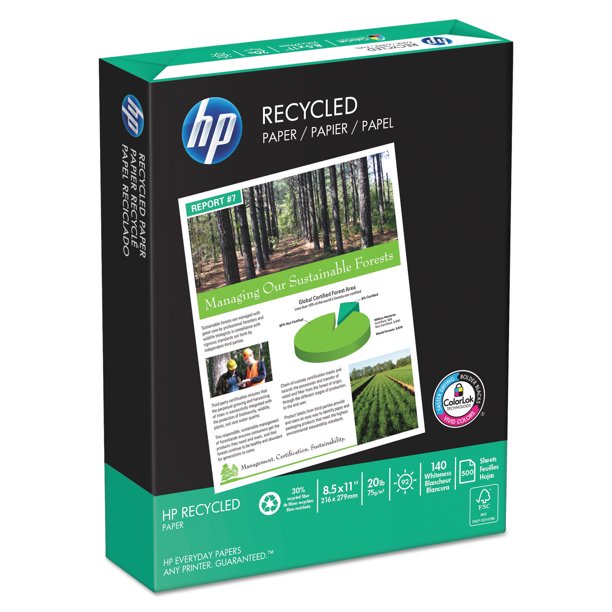 HP Office Recycled Paper, 92 Brightness, 20lb, 81/2 x 11, White, 500