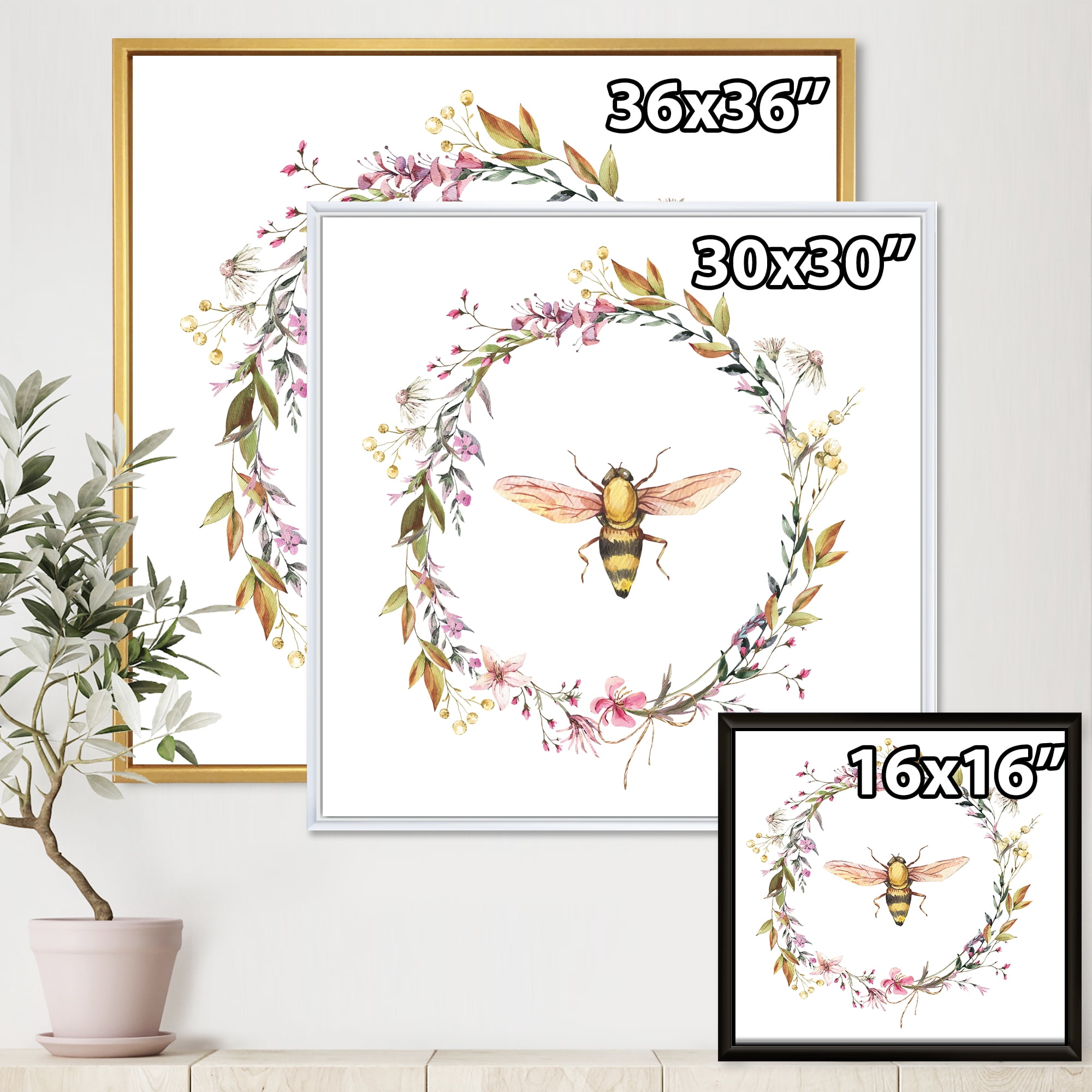 Designart 'Wildflowers Wreath and A Bee' Farmhouse Framed Canvas Wall Art Print