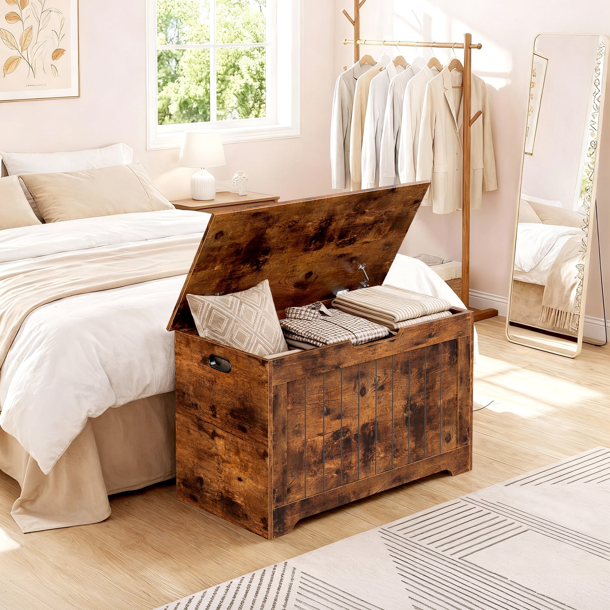 SuperDeal 30-Inch Lift Top Storage Chest Wooden Home Organizer Bench with Safety Hinged Lid Large MDF Toy Box Entryway Bedroom Living Room, Rustic Brown