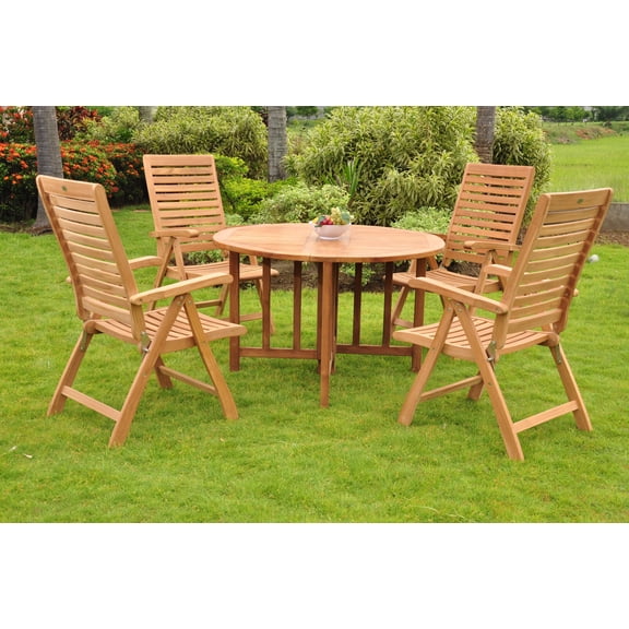 Teak Dining Set:4 Seater 5 Pc - 48" Round Butterfly Table And 4 Ashley Reclining Arm Chairs Outdoor Patio Grade-A Teak Wood WholesaleTeak #WMDSAS1