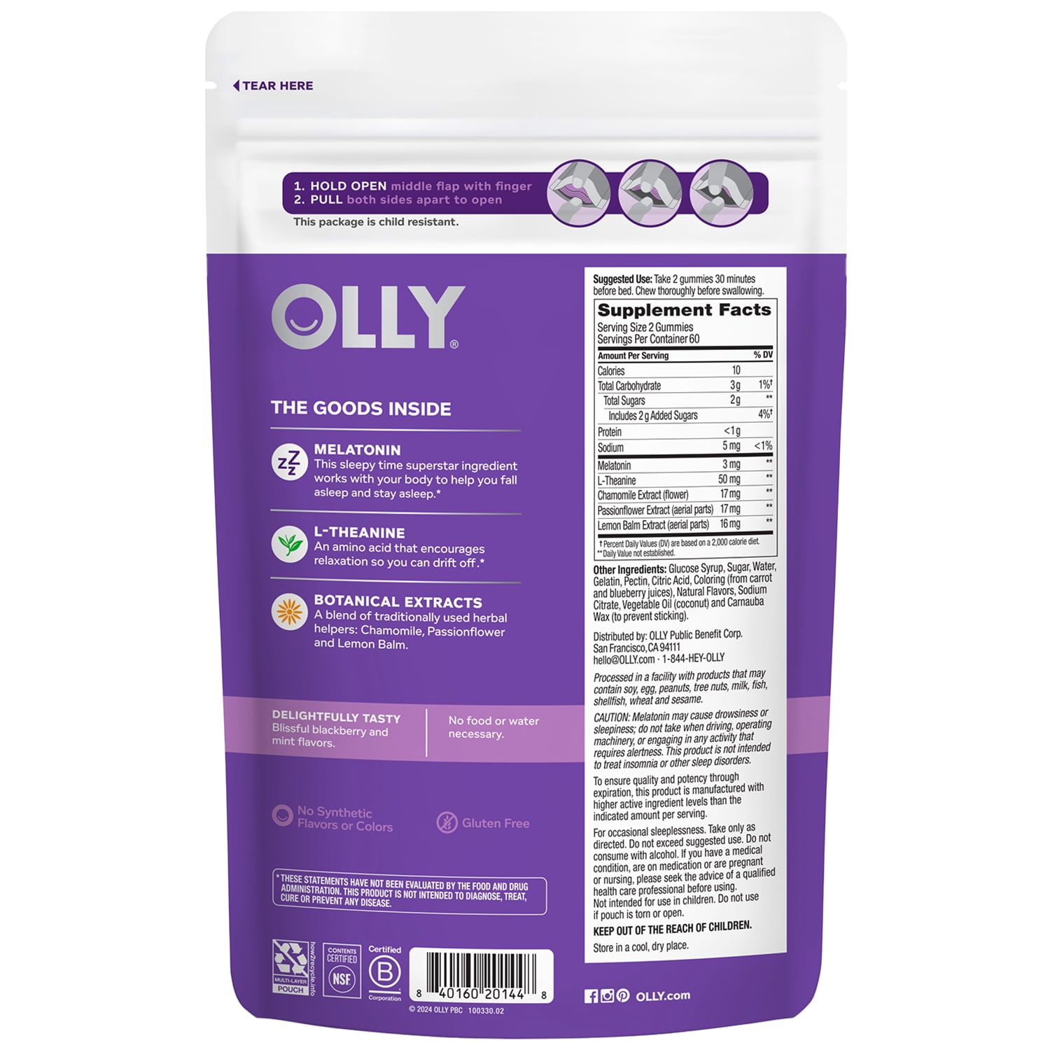 OLLY Sleep Gummy Supplement, 3mg Melatonin, L-Theanine, Chamomile, Blackberry Zen Flavor, 120 Ct