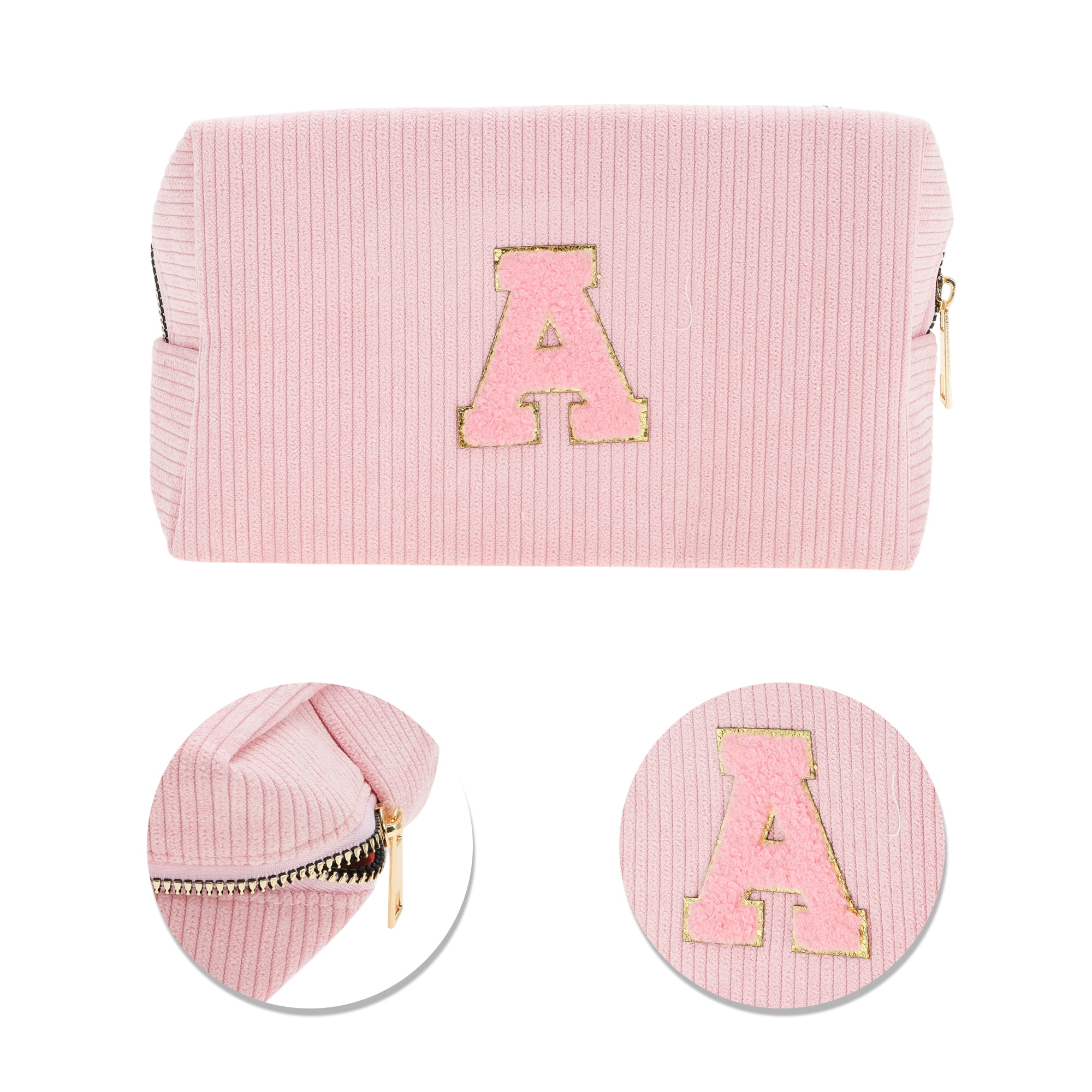 Unique Bargains 1 Pc Corduroy Rectangular Letter Makeup Bag Pink [Letter A]