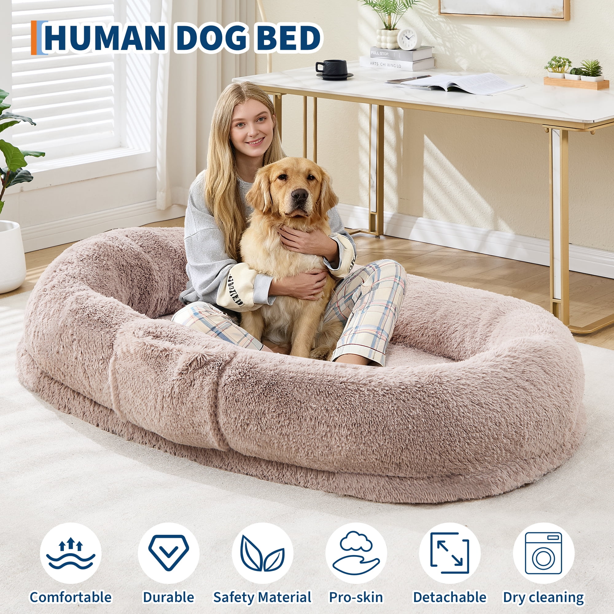 Gaderth Giant Human & Pet Dog Bed, 64.9" x 41.3" Large Giant Shared Bed, Washable Faux Fur Orthopedic Bed with Plump Pillow, Side Pocket & Strap, No Assembly Needed