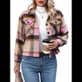 thumbnail image 1 of Chaqueta de Franela A Cuadros para Mujer, Larga, Solapa, Botones, Blusas Casuales, Abrigos Cortos Rosa L, 1 of 10