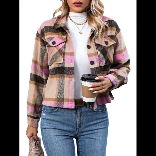 Chaqueta de Franela A Cuadros para Mujer, Larga, Solapa, Botones, Blusas Casuales, Abrigos Cortos Rosa XXL
