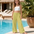 thumbnail image 3 of LYHaoo Girls Linen Pants Summer Casual Wide Leg Elastic Waist Drawstring Long Pants Kids Back to School Outfits(Yellow), 3 of 7