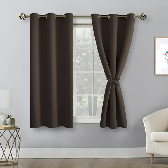 Hiasan Short Blackout Curtains for Bedroom - Thermal Insulated & Light Blocking Window Curtains for Living Room, 2 Drape Panels Sewn with Tiebacks, Brown, 42 x 45 Inch