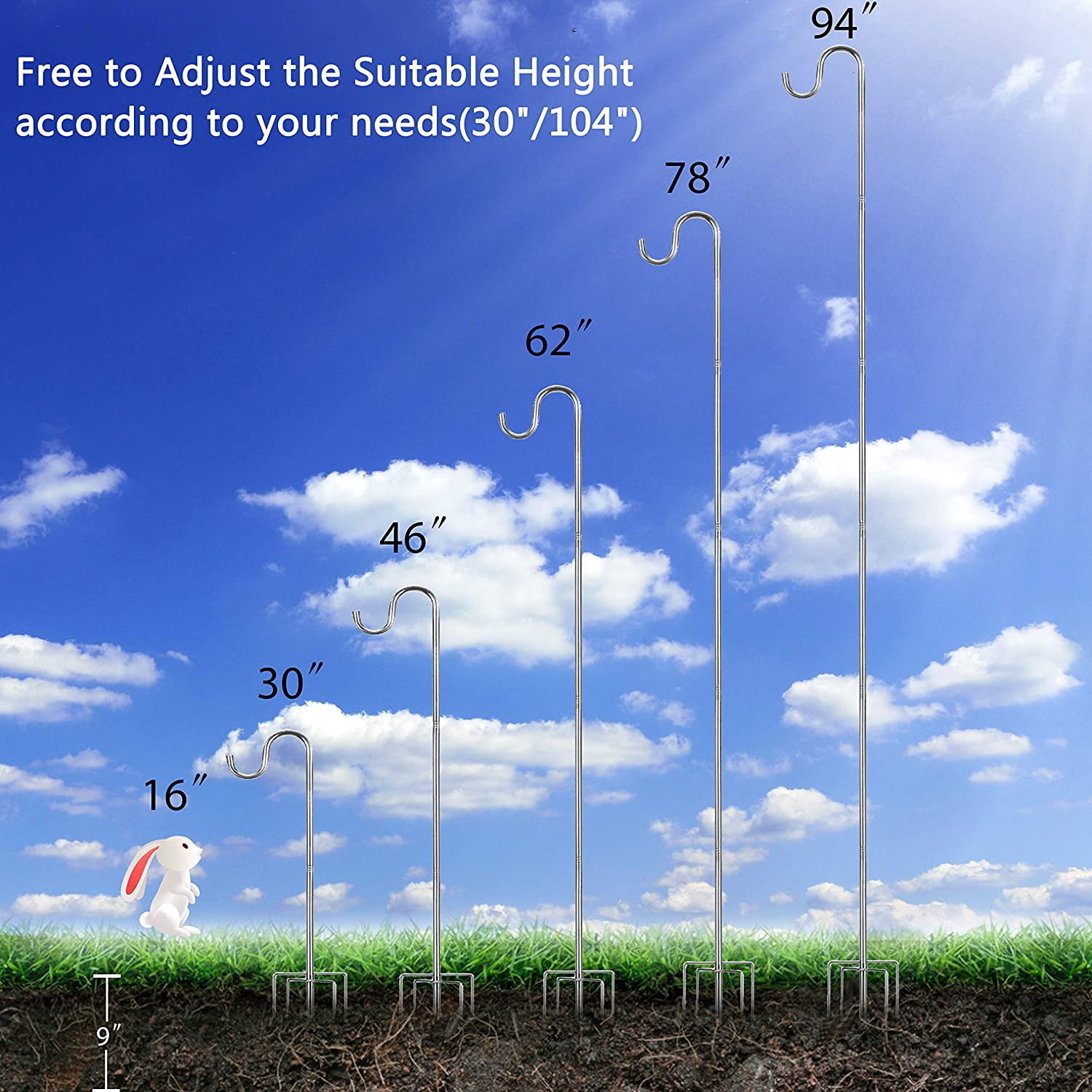 Bird Feeder Pole,30 to 46 inch Adjustable Shepherds Hook Heavy Duty 5 Prong Metal Hanger Hook Garden Plant Hooks for Wedding Decoration(1 Pack)