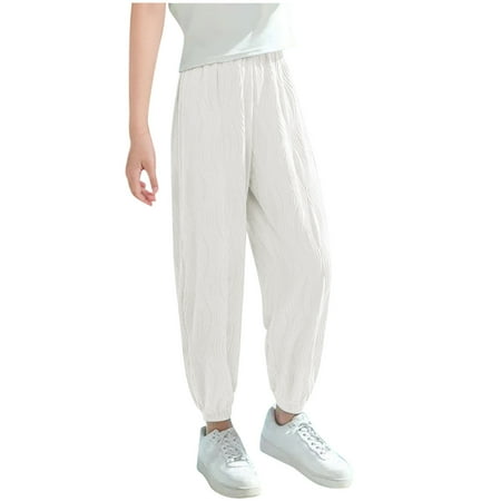 ZACPNCV Boys Girls Long Bloomers Soft Cotton Summer Pants Kids Solid Elastic Waist Harem Pants Basic Joggers Lounge Trousers White 14-15 Years
