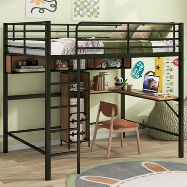Hassch Full Size Metal Loft Bed with L-Shaped Desk and Wooden Storage Shelves, Black and Brown