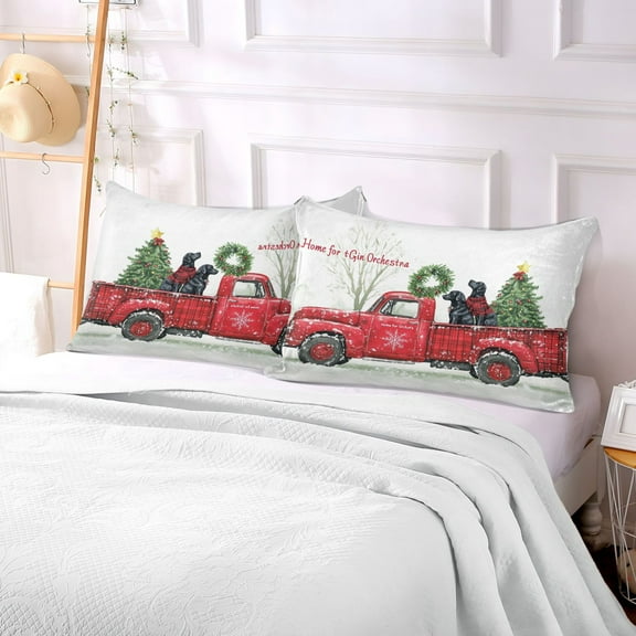 Pillow Case Plush Pillow Snowflake Red Truck with Black Dogs Case standard size/King size/Queen size Bed Pillow Pillowcases
