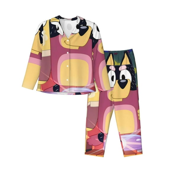 Masiiu Bluey Print Womens Pajamas Set Button Down 2 Piece Pjs Long Sleeve Oversized Sleepwear with Pockets-Small