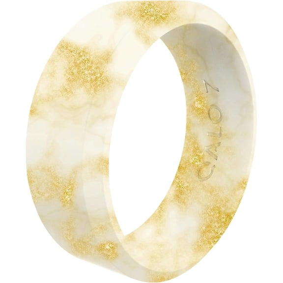 QALO Women's Cream Gold Metallic Marble Modern Silicone Ring – Durable Wedding Bands with Flexible Comfortable Fit – Skin-Friendly and Lightweight Design – Size 08