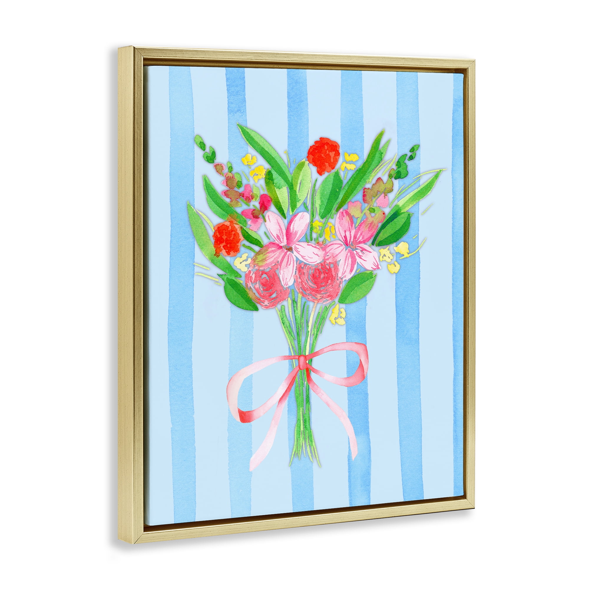 Bright Springy Bouquet Stripes Gold Framed Floater Canvas Wall Art, design by Nina Jacobs