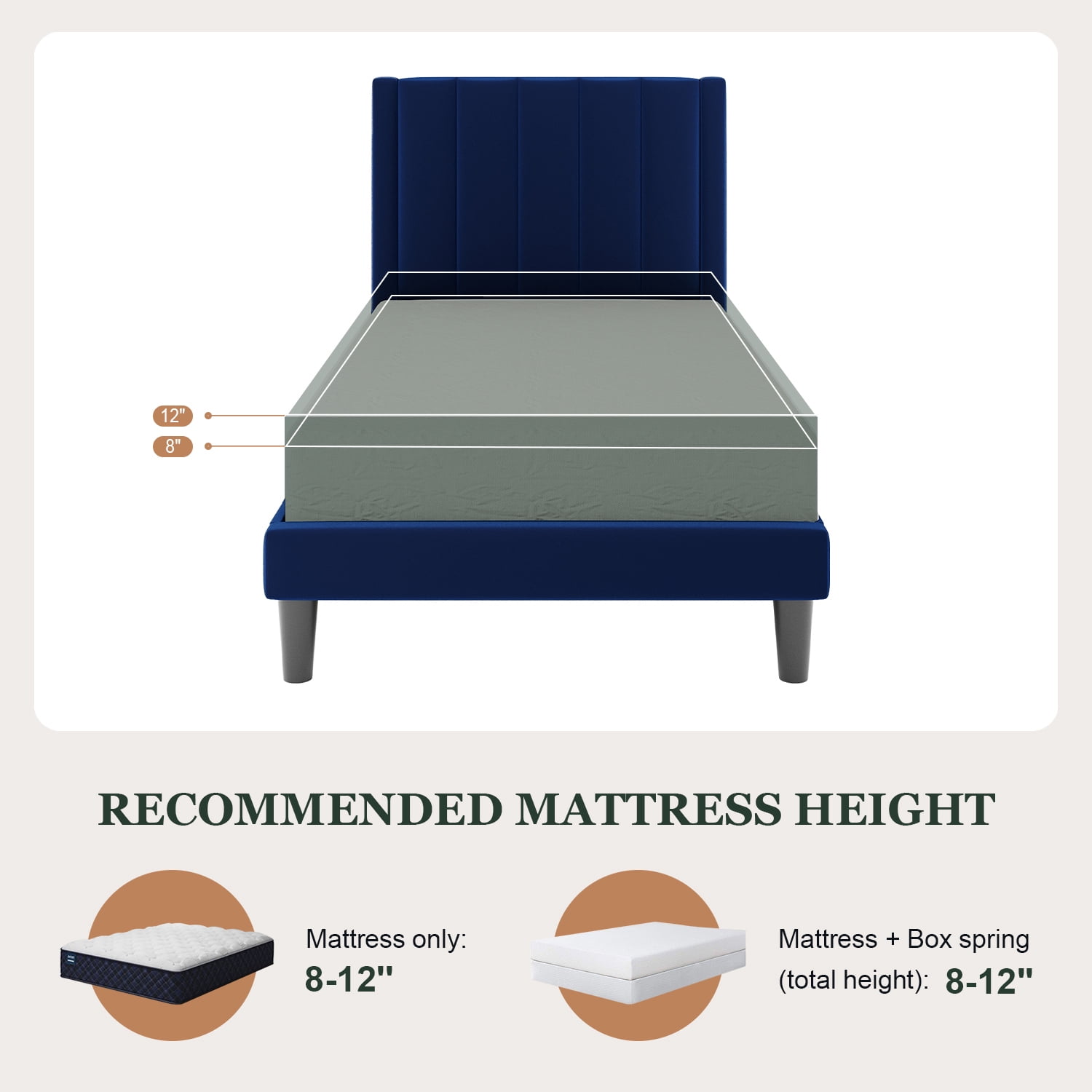 Amolife Twin Bed Frame, Upholstered Bed Frame with Velvet Vertical Channel Tufted Headboard, Blue