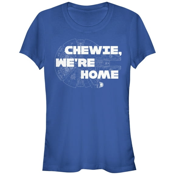 Junior's Star Wars The Force Awakens Millennium Falcon Chewie We're Home  Graphic Tee Royal Blue Large
