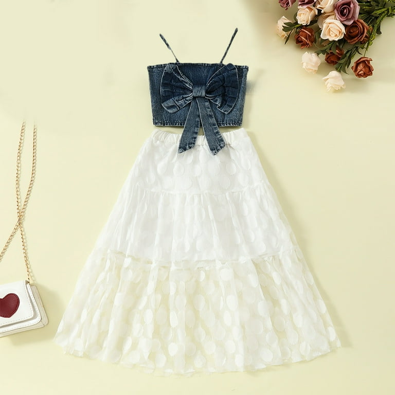 Fancifize Girl's Dress Denim Cami Tank Top and Flowy Long Skirt Sleeveless Crop Top Dress 2 Piece Outfits 3-7y, Size: 5Y, White Fancifize Girl's Dress Denim Cami Tank Top and Flowy Long Skirt Sleeveless Crop Top Dress 2 Piece Outfits 3-7y, Size: 5Y, White
