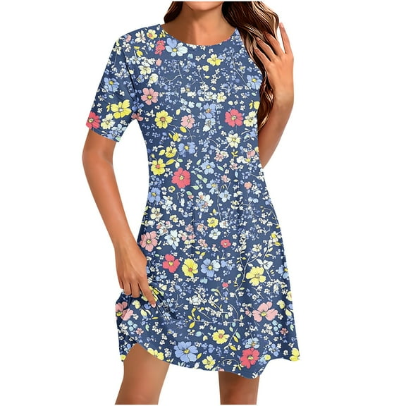 XUNKUSGA Women's Summer Beach Dresses Casual Loose Short Sleeve Tshirt Sundress Ruffle Hem Flowy Swing Tank Dress Plus Size Floral Beach Sundresses S-3XL