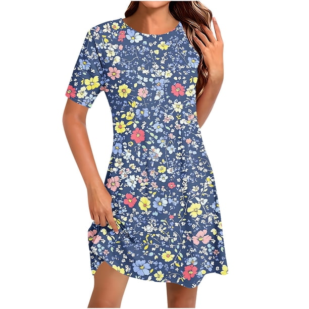 Vestido Corto para las Mujeres Cuello Redondo Manga Corta Impresa Suéter, Moda Casual Estilo Línea