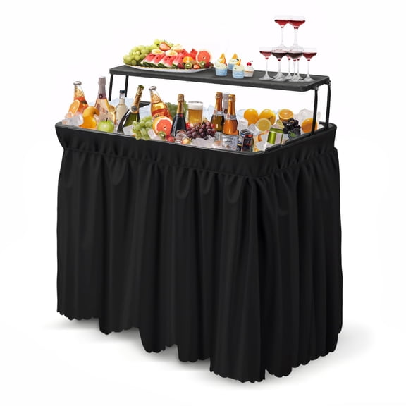 Portable Outdoor Cooler Table Set, Folding Mobile Ice Chest Station Counter With Storage Shelf And Removable Skirt, Beverage Chiller Organizer Desk For Party Patio Gathering, Modern Black
