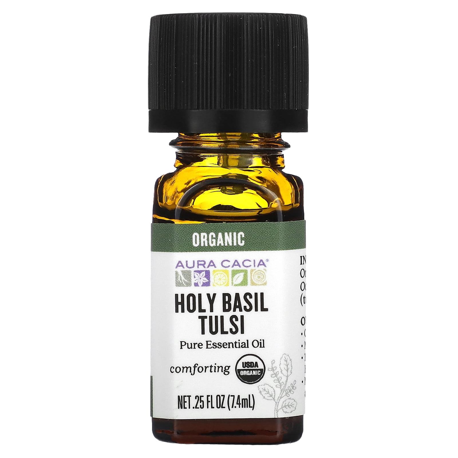 Pure Essential Oil, Organic Holy Basil Tulsi, 0.25 fl oz 7.4 ml, Aura Cacia