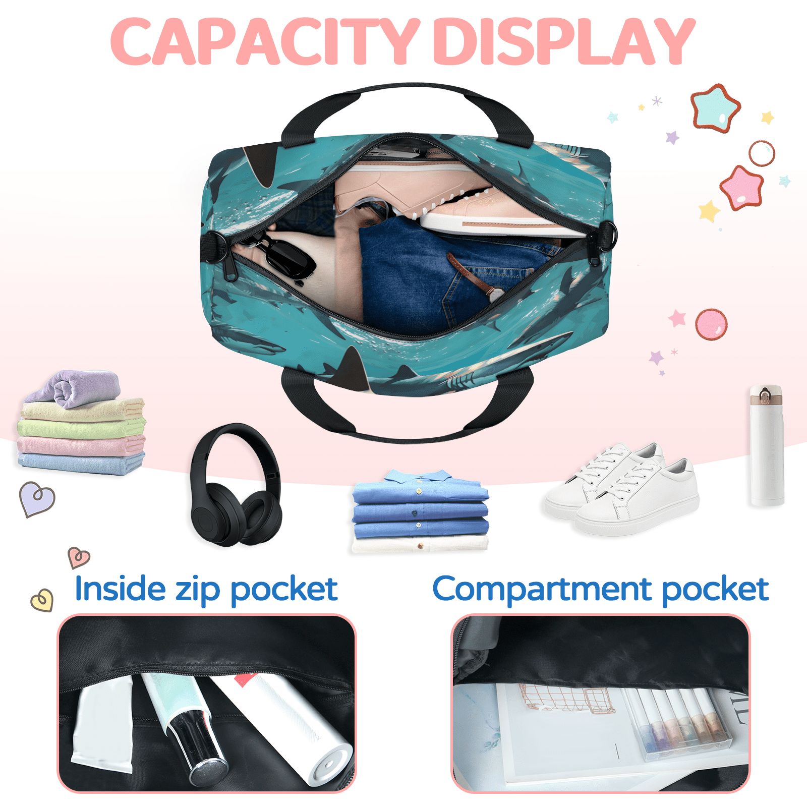 Herdesigns Shark Fish Gym Bag for Women, Duffle Bag for Travel Sport, Lightweight Waterproof Carry on Weekender Overnight Dance Yoga Workout Bags