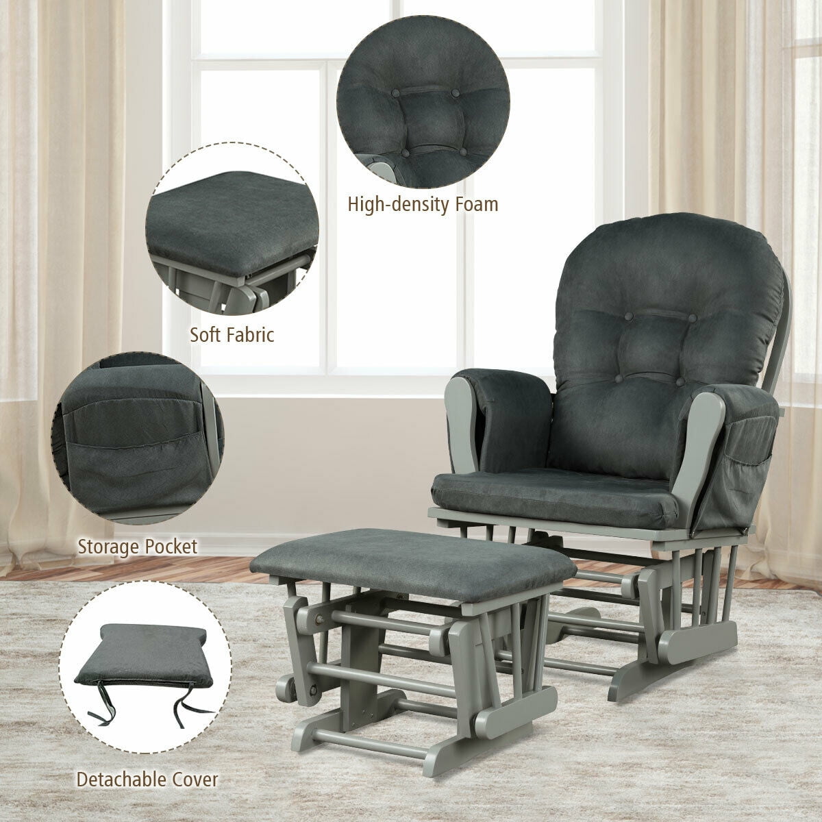 Topbuy Rocking Chair Baby Nursery Chair Glider with Ottoman &Storage Pocket Gray Finish w/ Dark Grey
