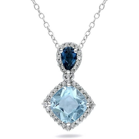 Tangelo 2 Carat T.G.W. Sky and London Blue Topaz and 1/6 Carat T.W. Diamond Sterling Silver Drop Pendant, 18