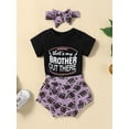 thumbnail image 3 of FEORJGP Toddler Baby Girl Summer Clothes Suits 6M 12M 18M 24M Infant Short Sleeve Jumpsuit Letter Print Bodysuit Crew Neck Romper Rugby Print Shorts Headband 3Pcs Set Newborn Casual Cute Cool Outfit, 3 of 9