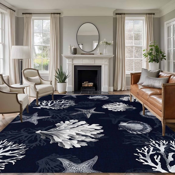 Area Rug for Living Room, Coastal Coral Non-Slip Indoor Large Carpet for Bedroom/Dining Room, Dark Blue Ocean Starfish Shells Vintage Washable Low-Profile Rectangle Floor Runner Rugs - 5 x 7 Ft