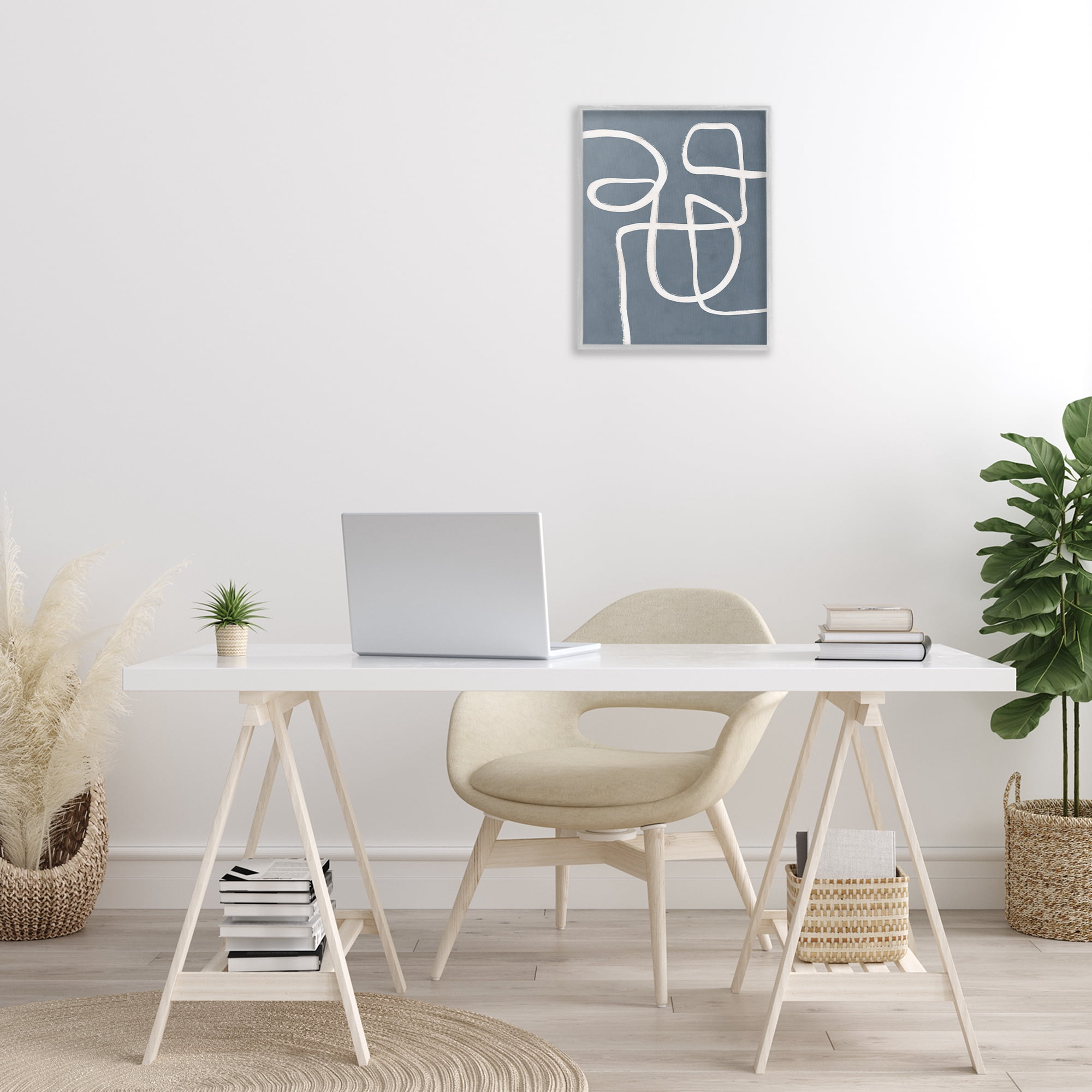 Stupell Industries Freeflow Line on Blue Abstract Painting Gray Framed Art Print Wall Art, 16 x 20
