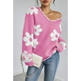 thumbnail image 3 of NACOjama Womens Long Sleeve Sweater V Neck Casual Loose Knit Top Pink L, 3 of 5