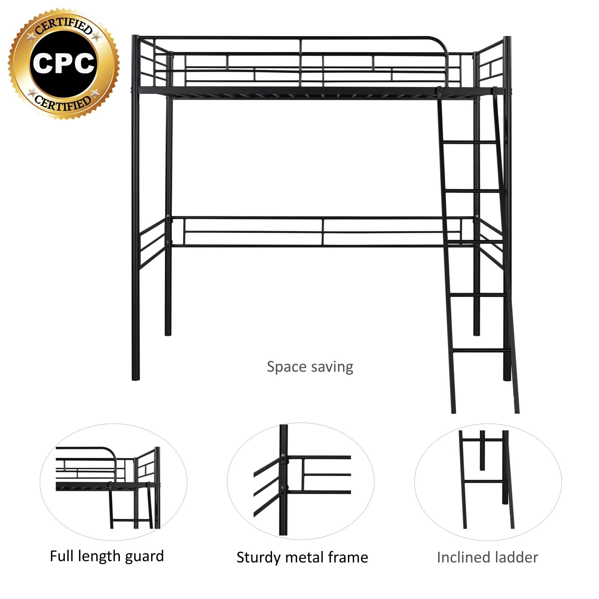 Kadyn Metal Loft Bed, Twin Loft Bed with Ladder, Bed Frame for Kids, Boys and Girls, Black