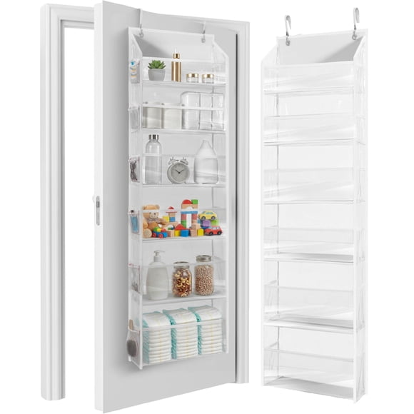 HOMELUX THEORY 1 PC Heavy Duty Over the Door Organizer 55x14x6.7, 6 Large Front & 12 Side Pockets, Hanging Storage Closet Door Organizer for Bedroom, Bathroom and Baby Nursery Storage (Transparent)