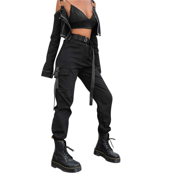 Women's Pant Womens High Waisted Cargo Pants Pockets Loose Combat Twill Trousers  Girls Black XXL 