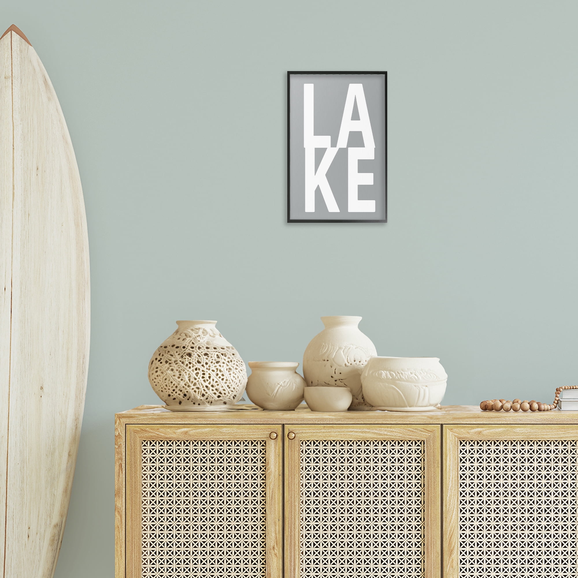 Stupell Industries Lake Word on Grey Typography Painting Black Framed Art Print Wall Art, 12 x 18