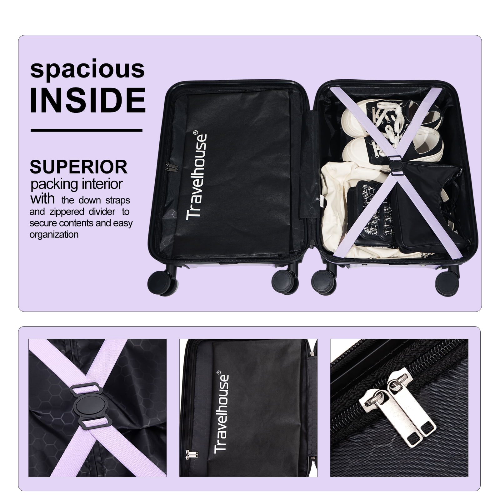 Travelhouse 20" Underseat Hard-Sided Carry-On Luggage, Spinner Wheels, ABS,Light Purple