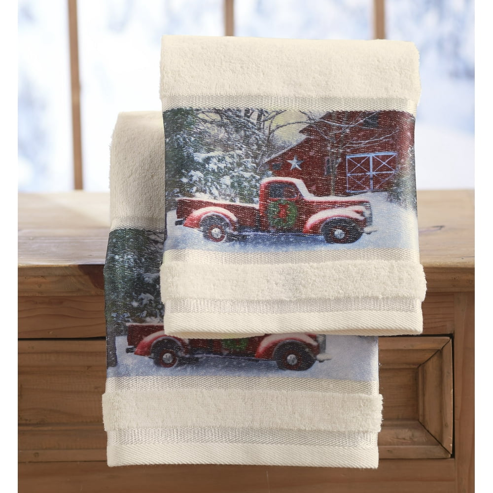 Christmas Hand Towels with Decorative Red Truck Print Set of 2