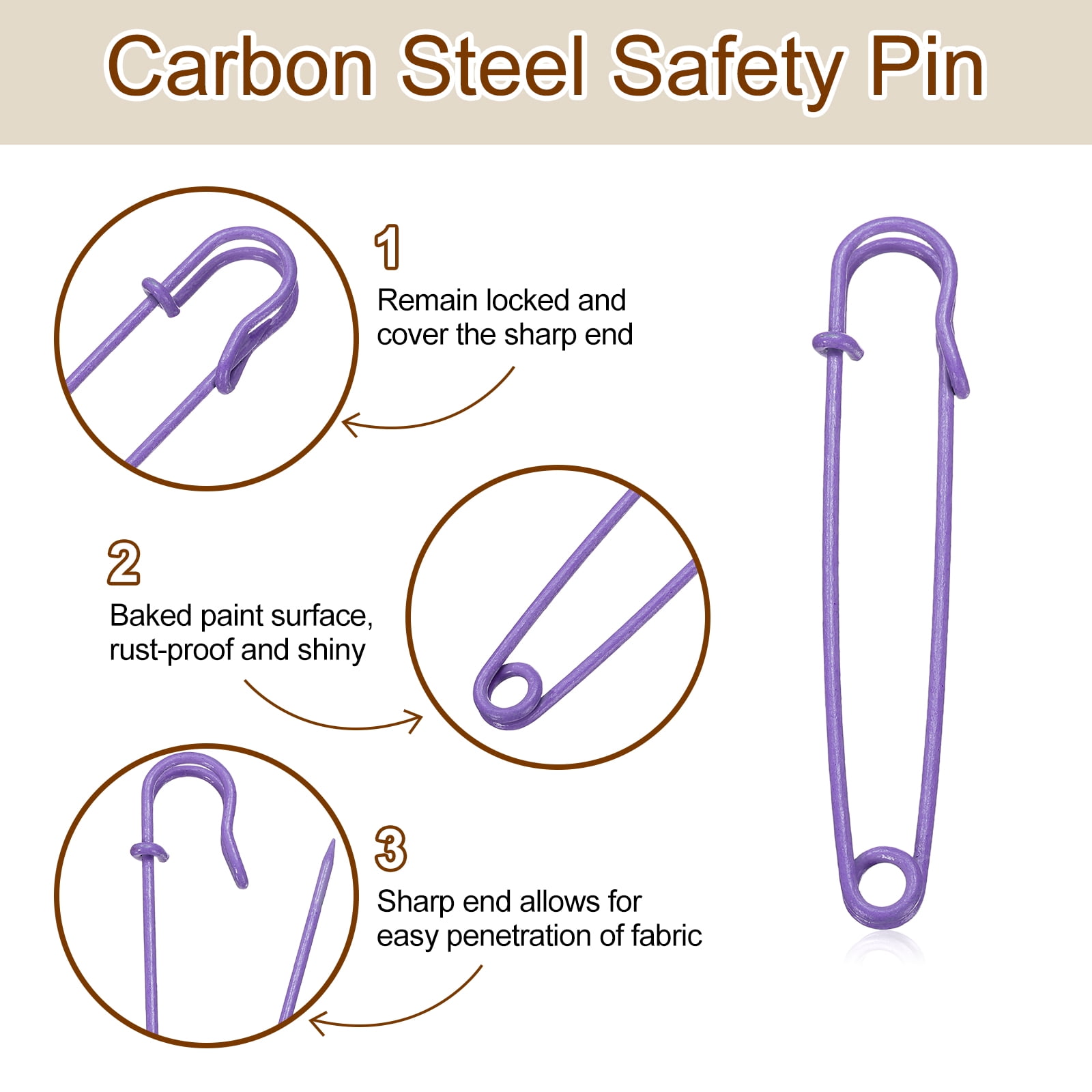 Uxcell 30pcs Safety Pins 100mm Baked Paint Large Safety Pin for Clothes, Purple