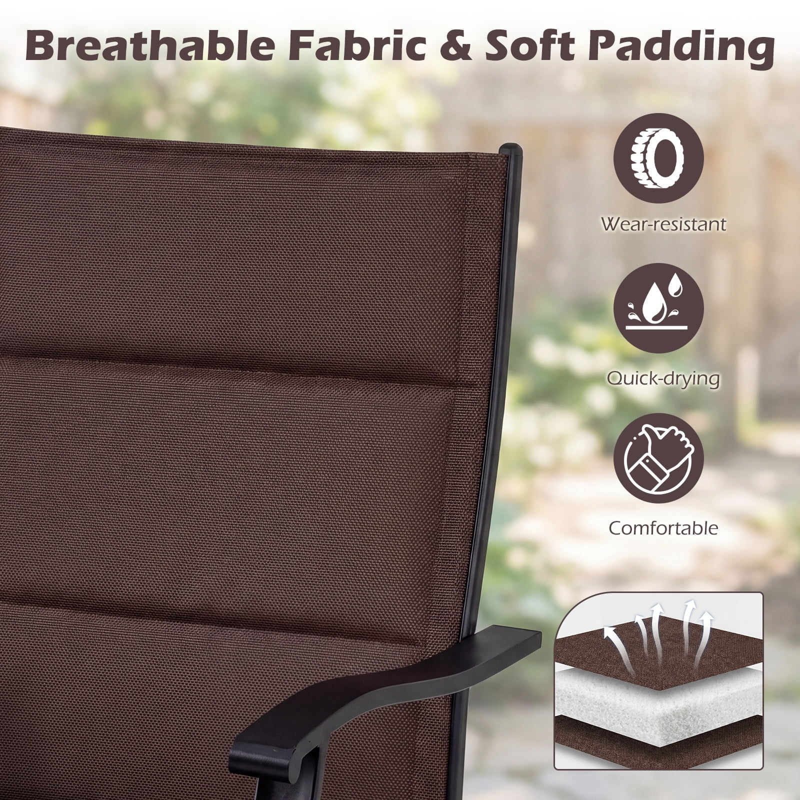 Gymax Padded Patio Swivel Chairs Set of 2 Ergonomic Outdoor Dining Chairs w/High Back Brown