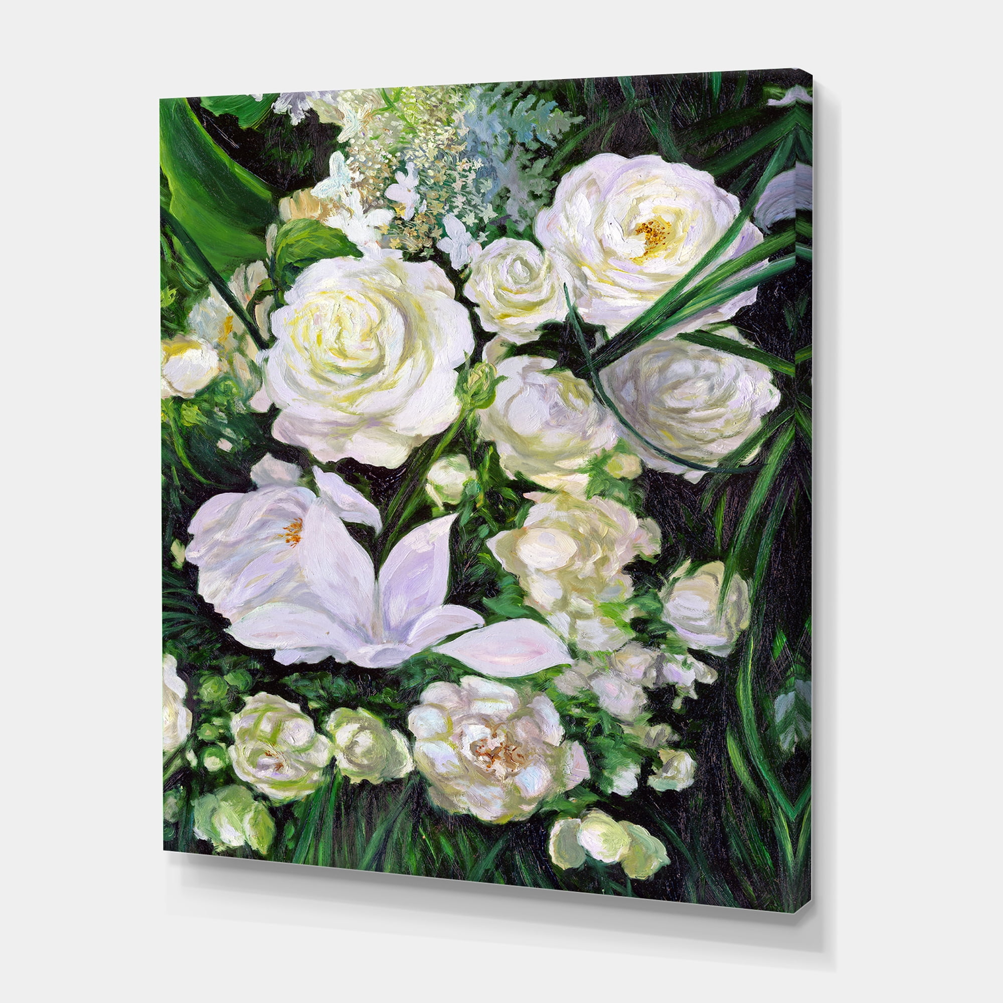 Designart ' Bouquet Of White Roses With Green Leaves ' Traditional Canvas Wall Art Print
