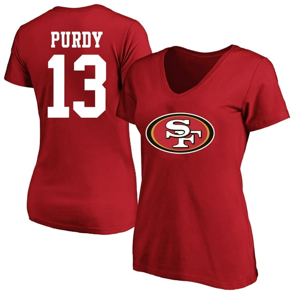 Women's Brock Purdy Scarlet San Francisco 49ers Plus Size Fair Catch Name & Number Scoop Neck T-Shirt
