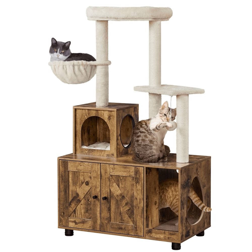 Renwick 53''  Wooden Litter Box Enclosure with Cat Tree Tower, Rustic Brown/Beige