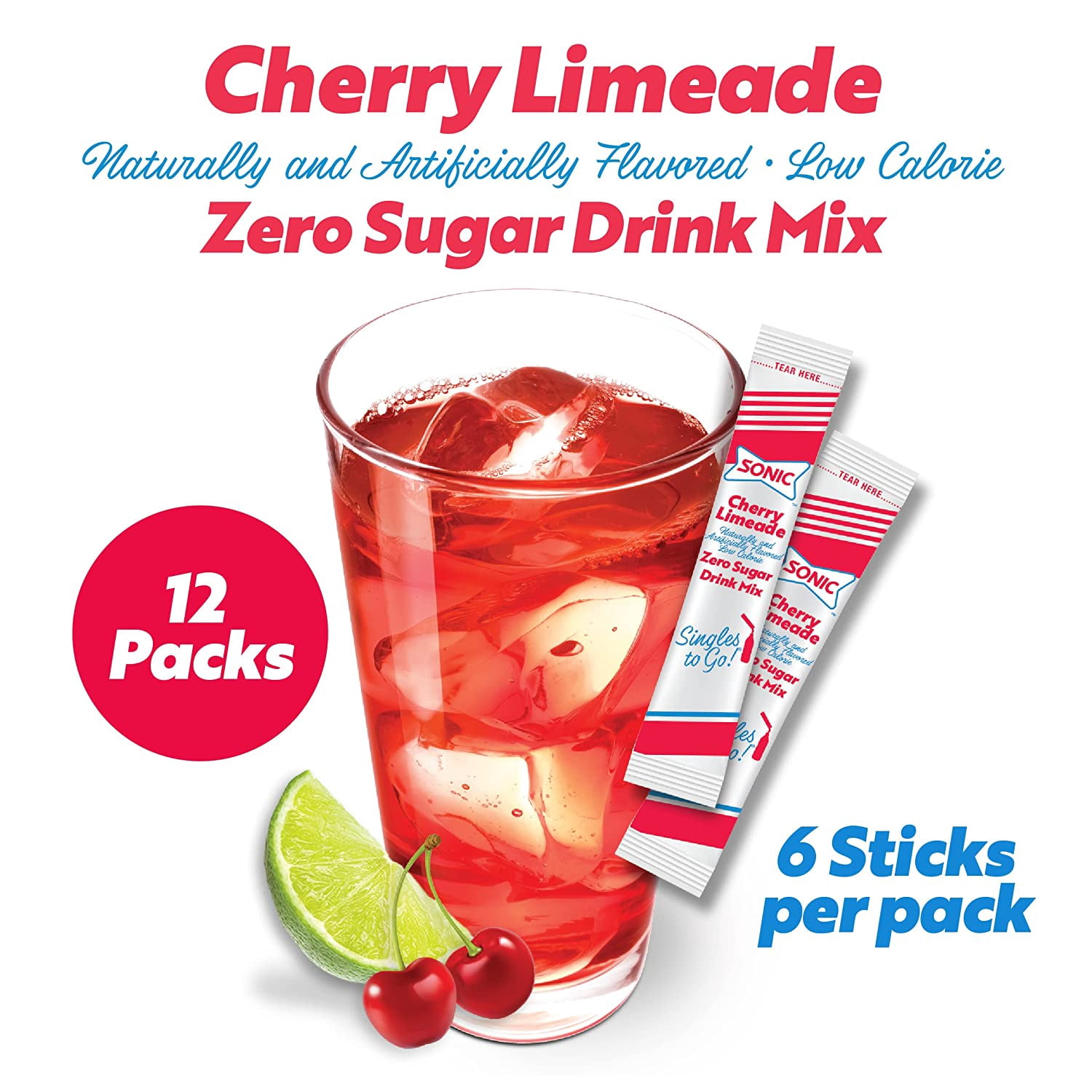 Sonic Singles To Go Powdered Drink Mix, Cherry Limeade, 6 Sticks Per Box, 12 Boxes (72 Sticks Total)