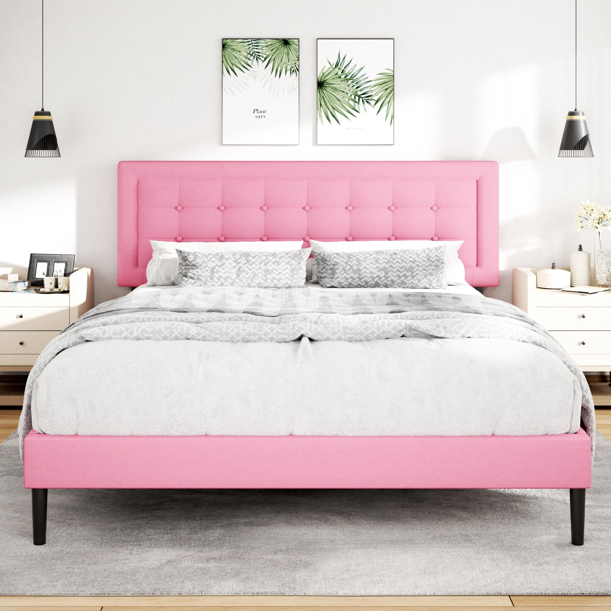 Unizone King Size Bed Frame with Velvet Upholstered Headboard, Button Tufted Design,Wood Slats Support, No Box Spring Needed, Noise Free, Easy Assembly, Pink