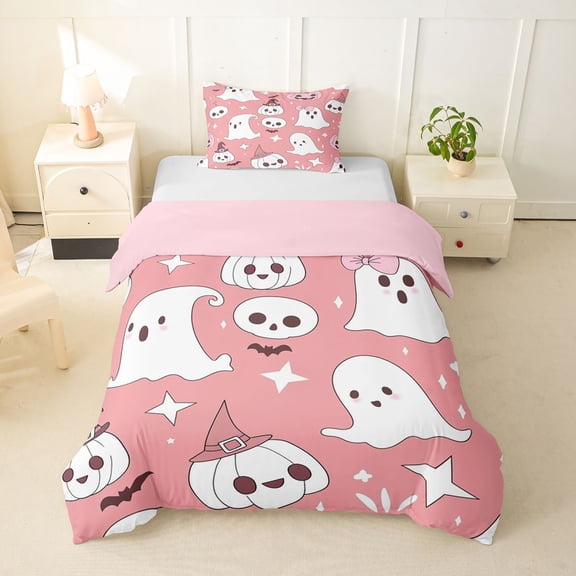 Homewish Cute Ghost Pumpkin Twin Duvet Cover for Kids, Kawaii Halloween Stars Twin Bedding, Pink Reversible, 2 Pieces, 1 Duvet Cover and 1 Pillowcase
