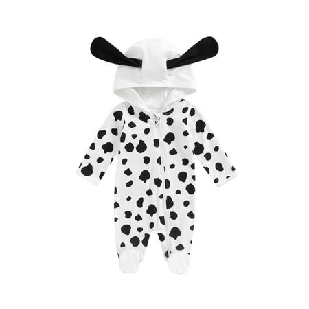 

One opening Baby Boys Autumn Hooded Jumpsuit Long Sleeve Cartoon Dog Print Footed Zipper Romper