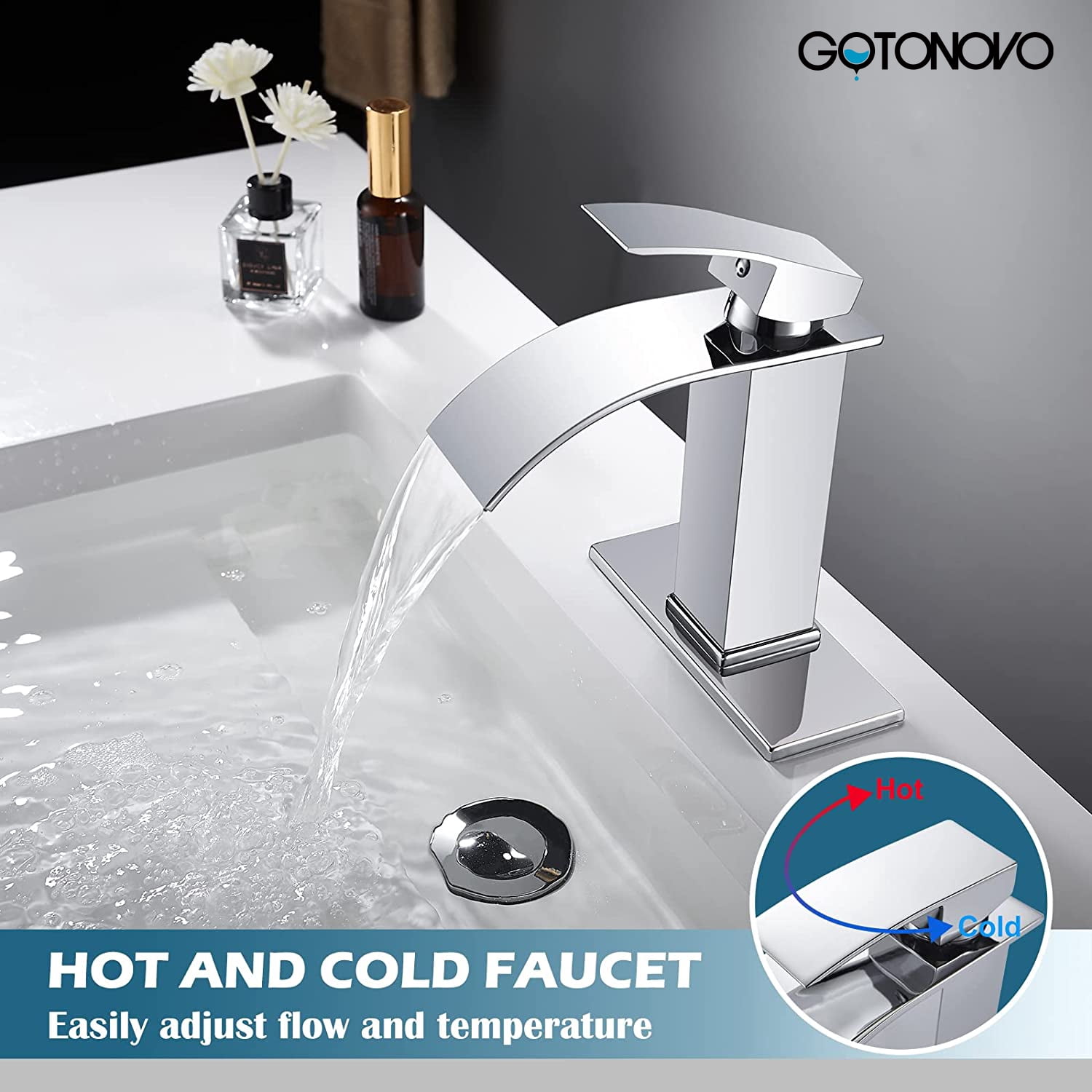 gotonovo Waterfall Spout Bathroom Sink Faucet Polish Chrome Single Handle 1 Hole Deck Mount Basin Mixer Tap with Deck Plate Lavatory Vanity Sink Faucet Solid Brass Include Pop Up Drain with Overflow