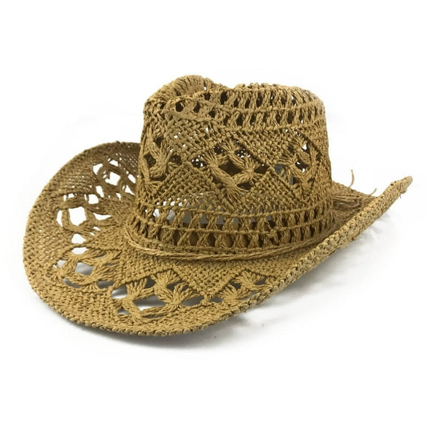 Sombrero de vaquero perforado hecho a mano para mujer/hombre, sombrero de vaquero de ala ancha para verano, playa, ajustable$Sombrero de paja vaquero clásico perforado estilo occidental